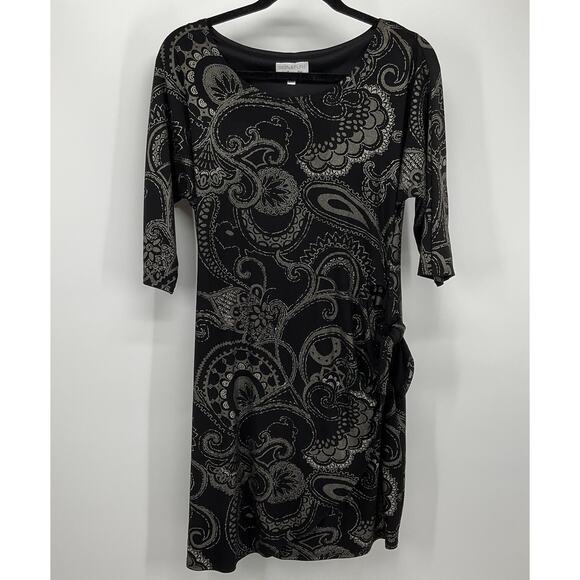 Metallic Gold Black Paisley Knit Dress PM Scoop Neck 3/4 Sleeve Boho Casual Chic - Picture 1 of 7
